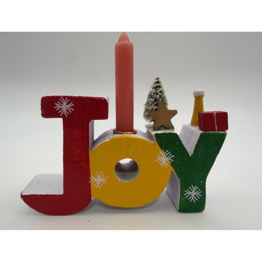 Vintage JOY Wooden Candle Holder Christmas Snowman Star Bottle Brush Tree